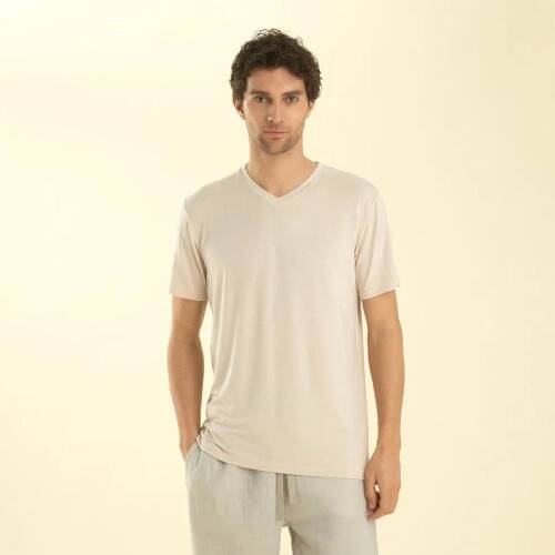Men's V-Neck Cotton Pallas T-Shirt Beige - 1
