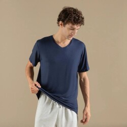 Men's V-Neck Cotton Pallas T-Shirt Navy Blue - 2